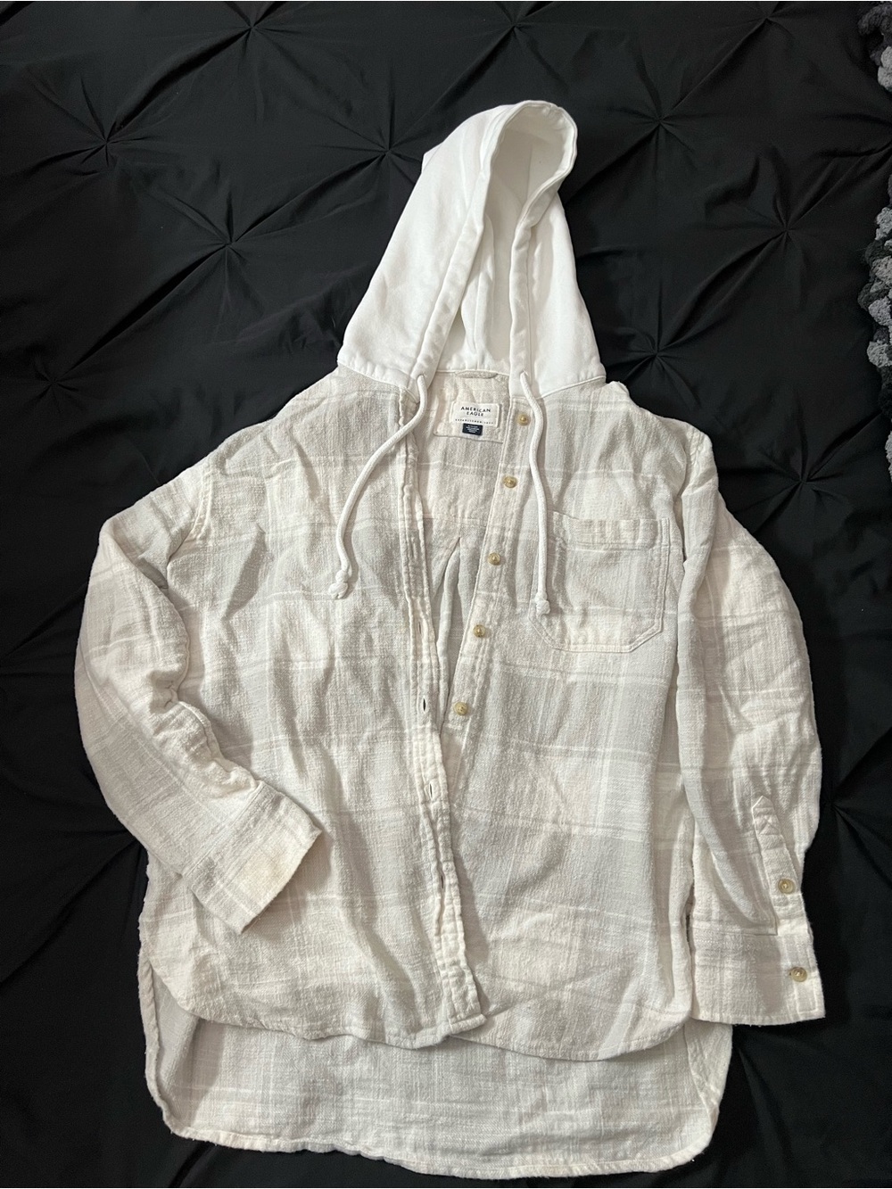 American Eagle Off-White Hooded Button Flannel